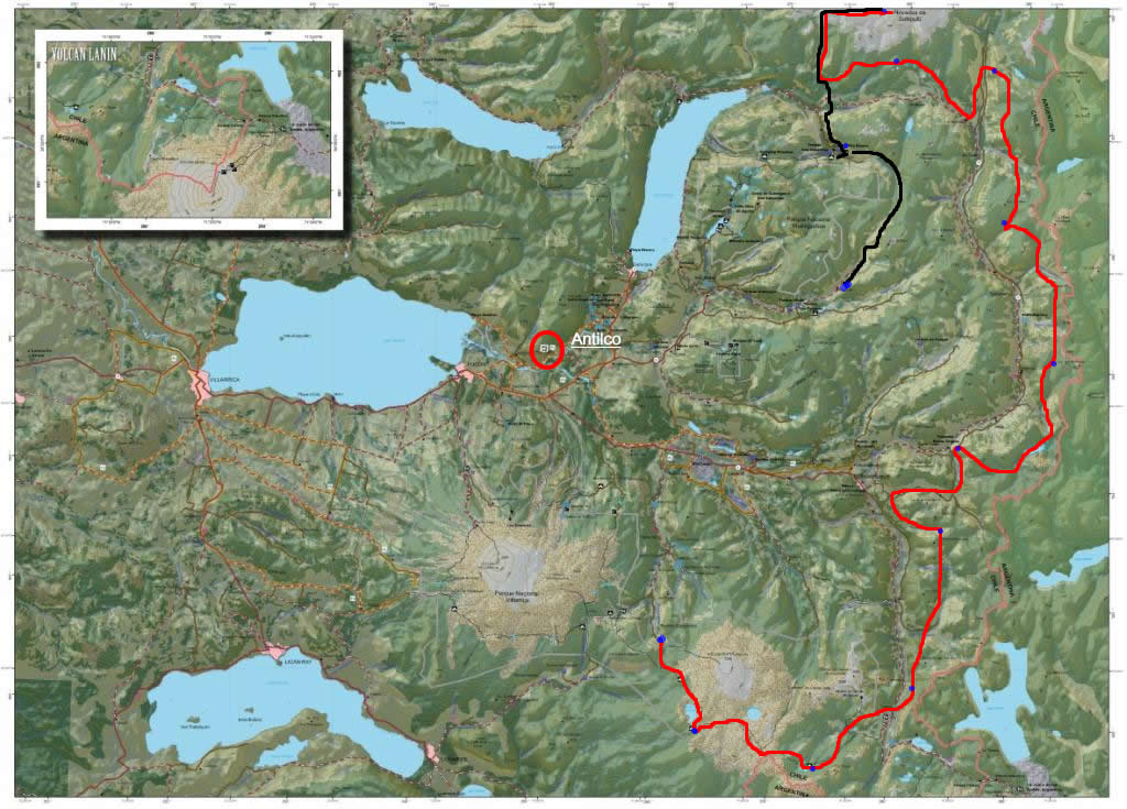 Map of National Park Huerquehue and Villarrica and the trail for our ride in 2013-14